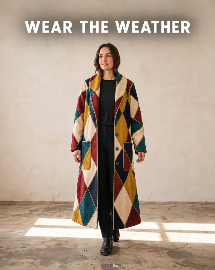 Wear the weather image ad for the patchwork coat