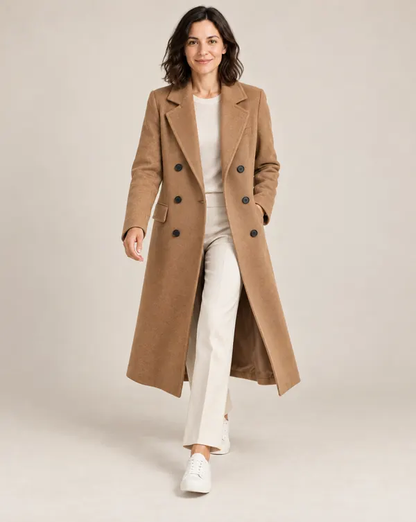 AI product photo of a camel coat on a model