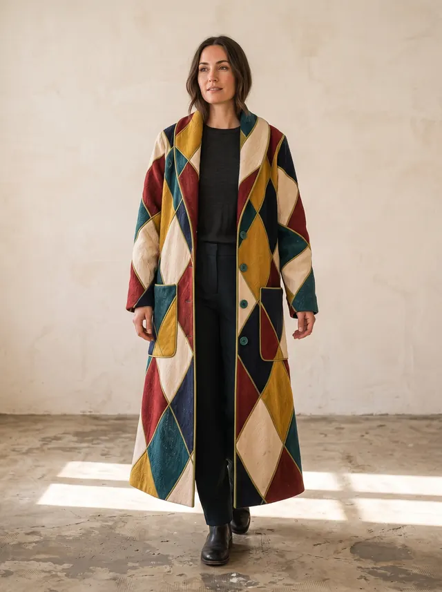 Still photo of a model in a patchwork coat