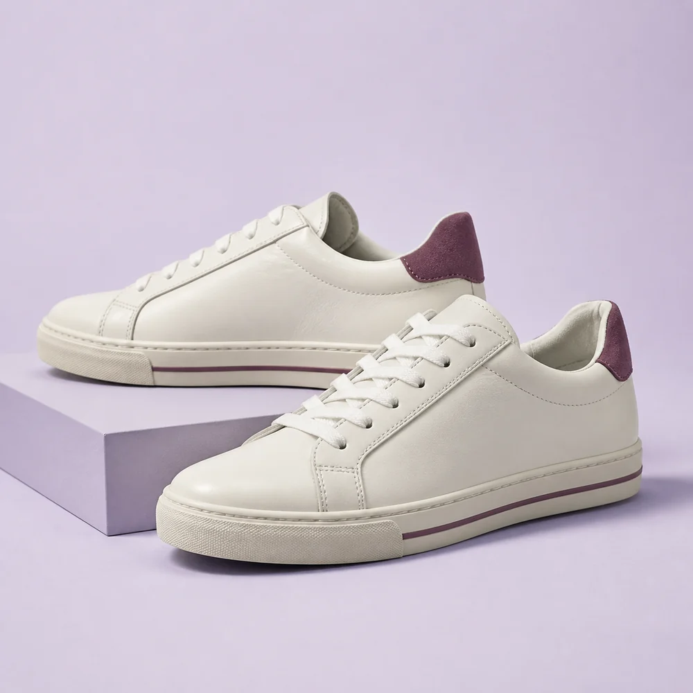 off-white sneakers with plum details