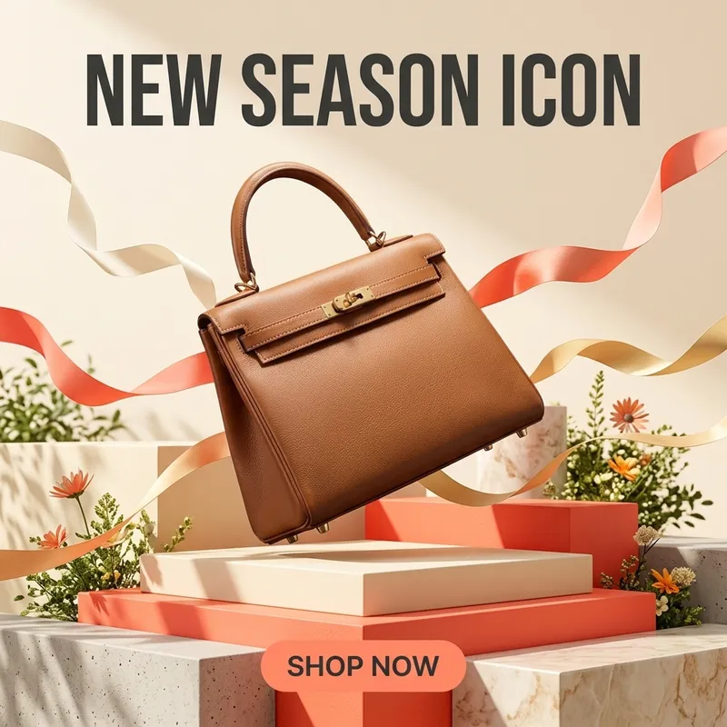 AI generated handbag ad with New Season Icon campaign text