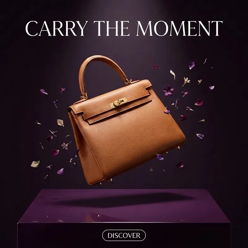 AI generated luxury handbag ad with Carry the Moment campaign text