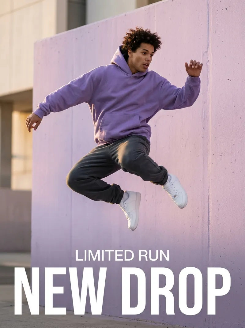 AI generated streetwear ad with New Drop campaign text