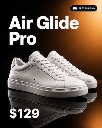 AI generated product ad: white sneakers with Air Glide Pro campaign text and price