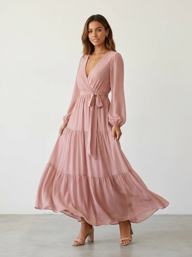 AI product photograph of a model in a flowing dress
